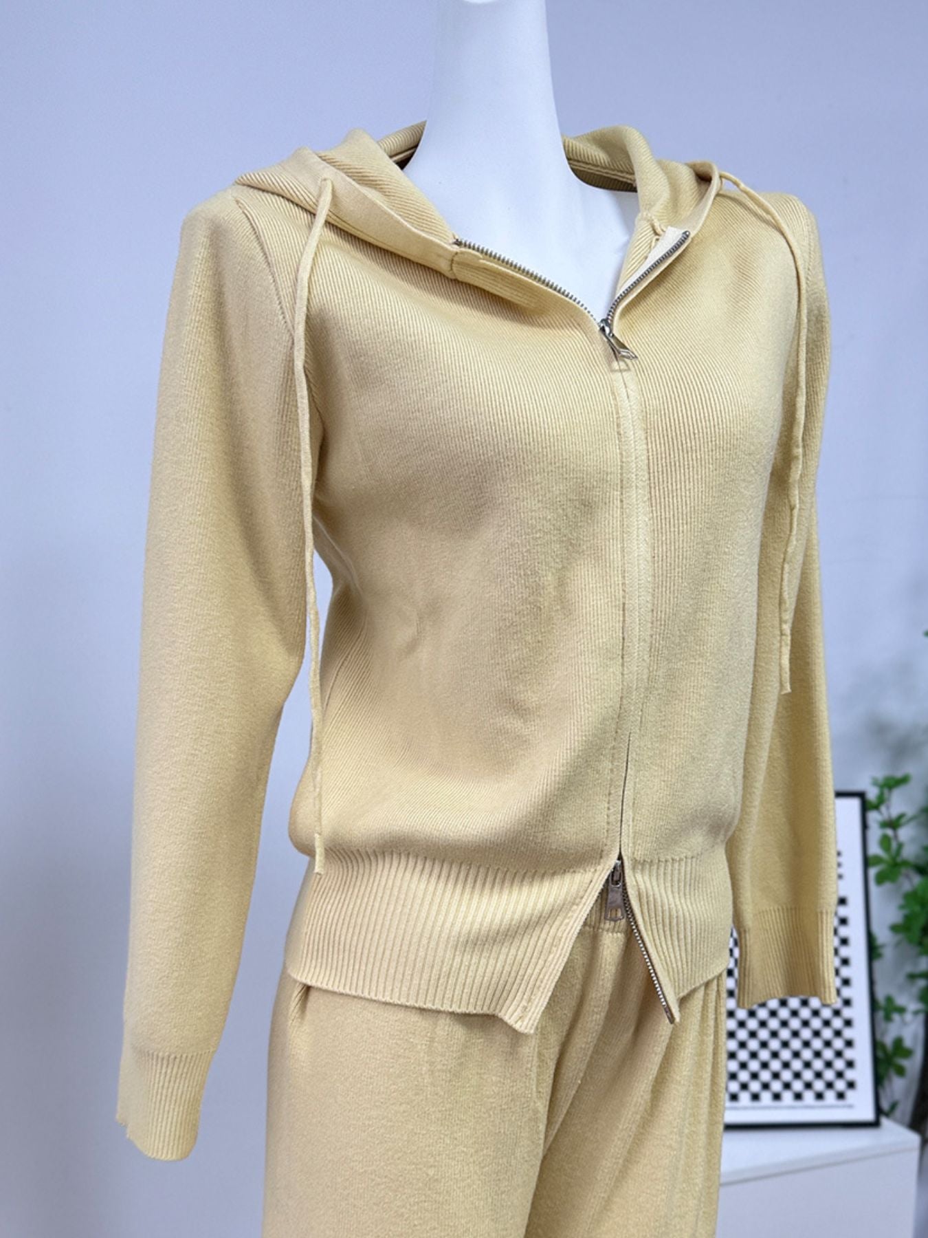 Zip Up Cardigan and Drawstring Wide Leg Pants