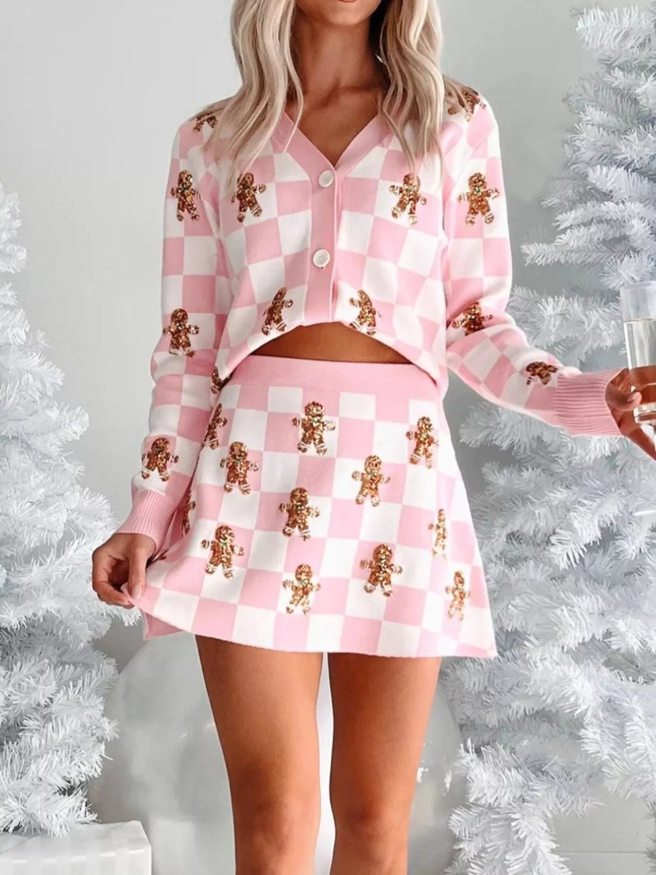 Gingerbread Checkered Cardigan and Skirt Sweater Set