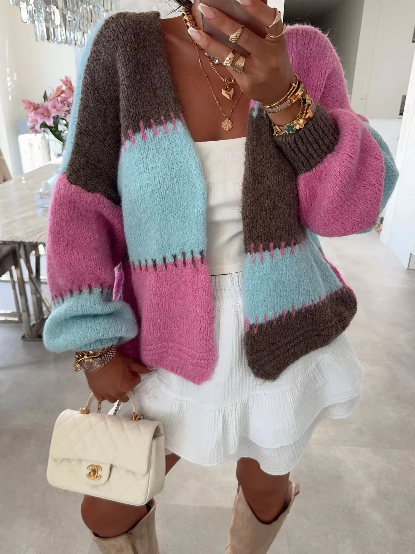 Color Block Open Front Cardigan