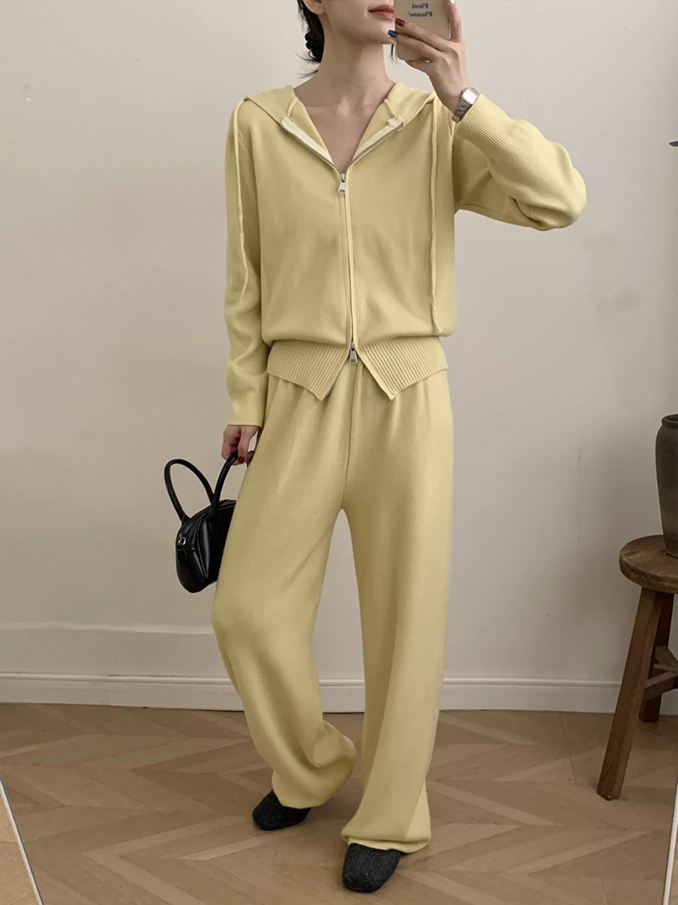 Zip Up Cardigan and Drawstring Wide Leg Pants