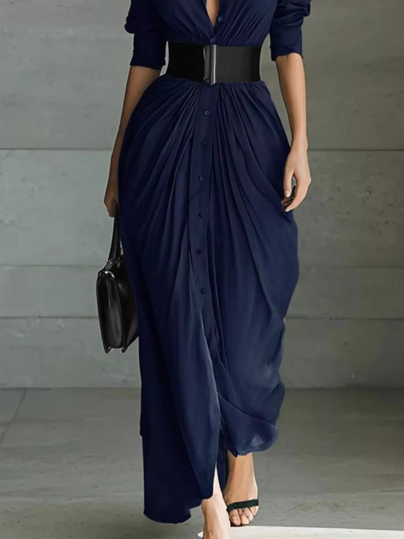 Full Size Button Front Ruched Shirt Maxi Dress