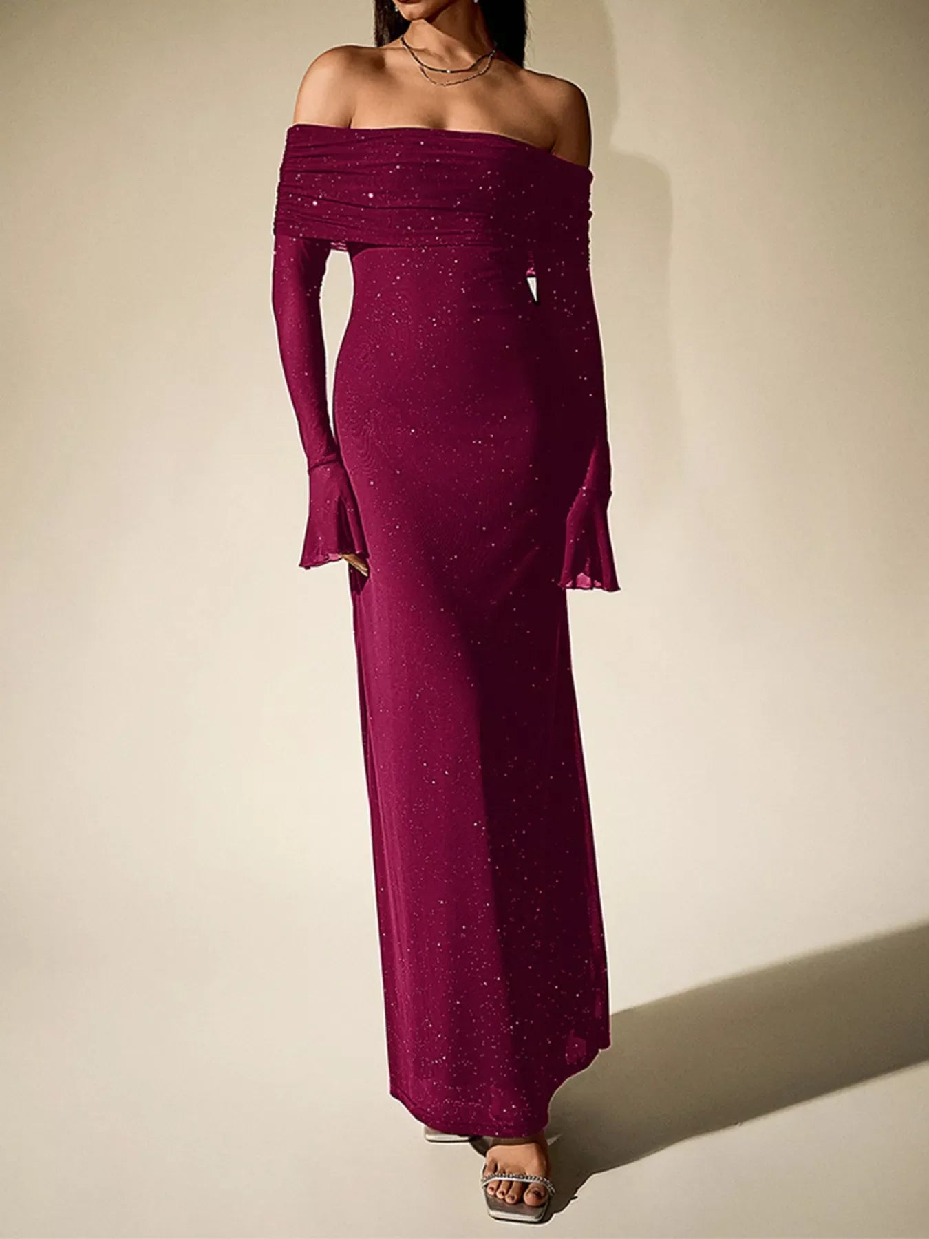Glitter Off-Shoulder Maxi Dress
