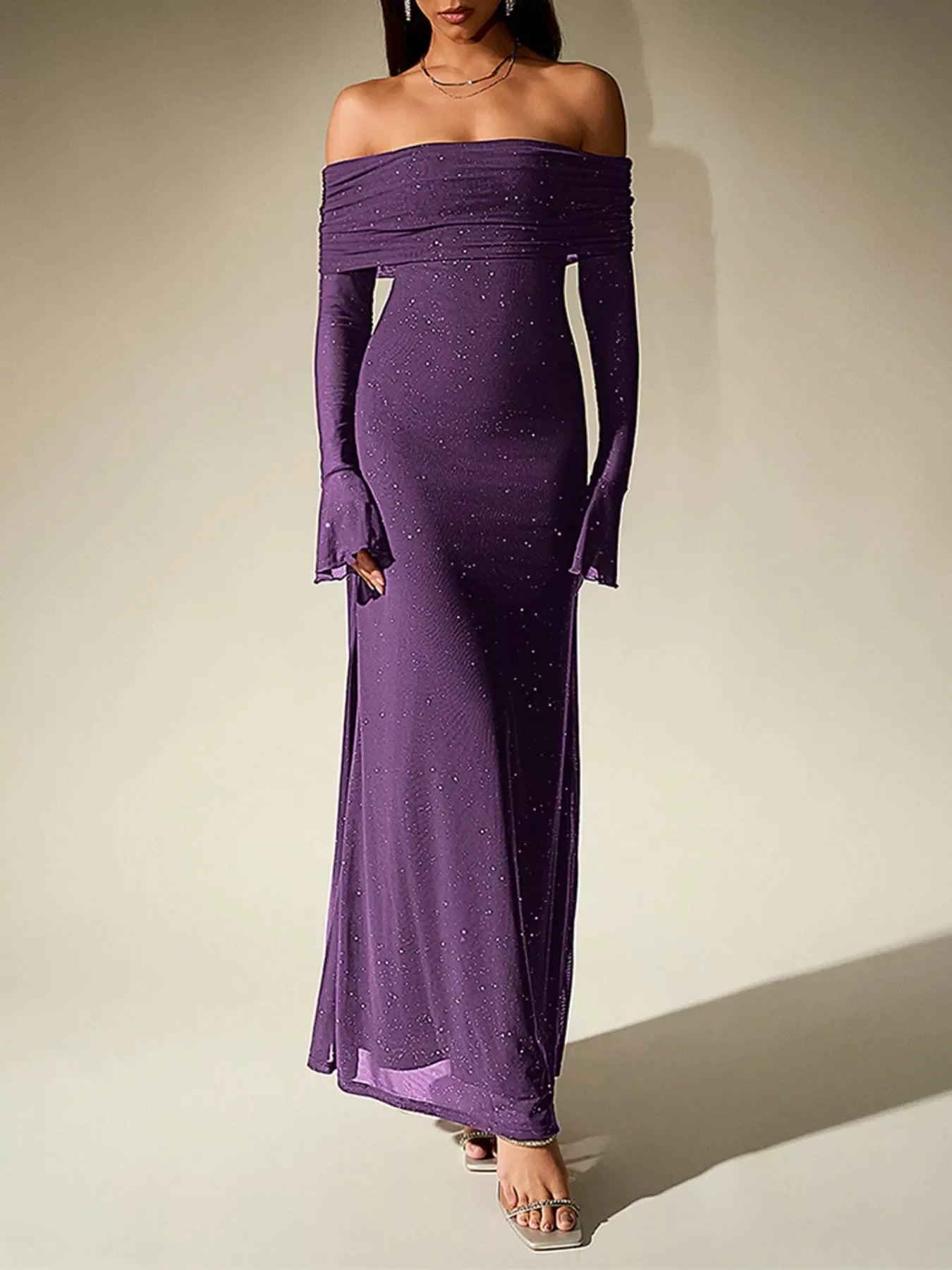 Glitter Off-Shoulder Maxi Dress