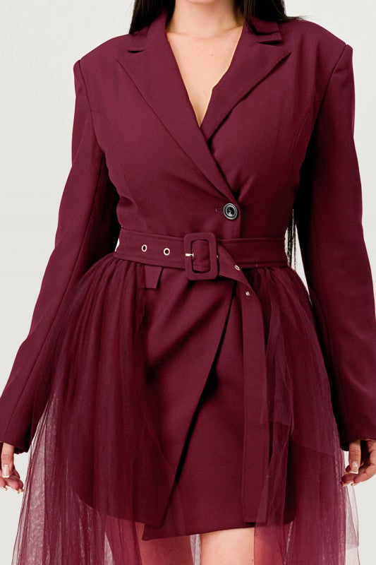 Tulle Overlay Belted Blazer Dress