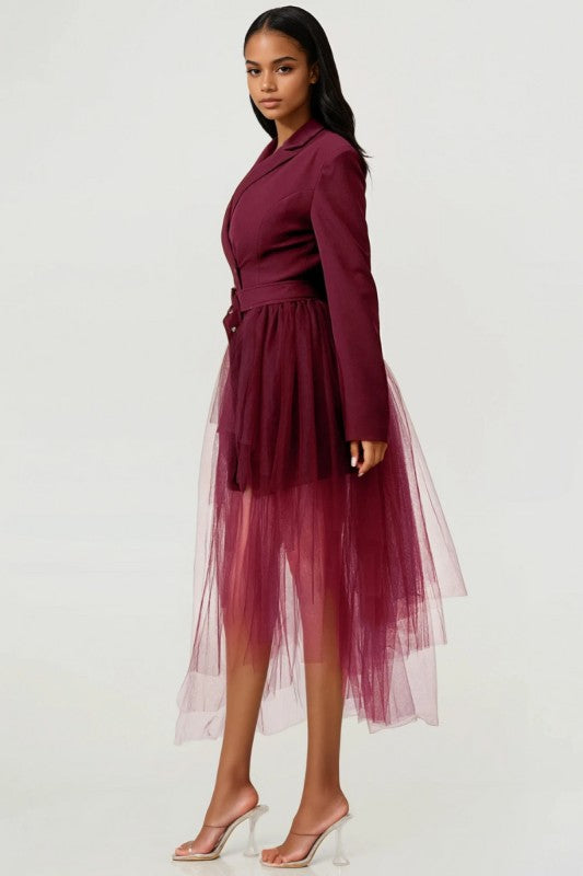 Tulle Overlay Belted Blazer Dress
