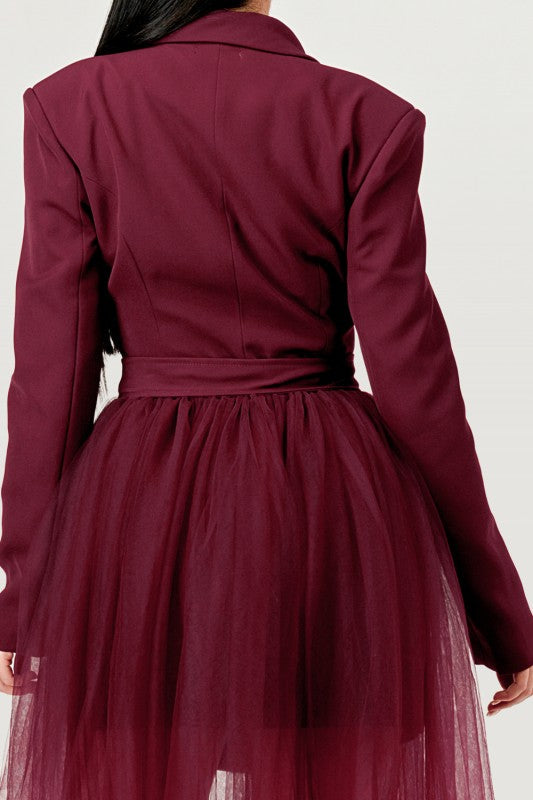 Tulle Overlay Belted Blazer Dress