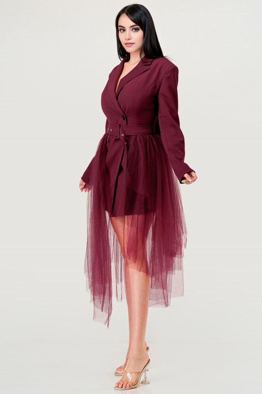 Tulle Overlay Belted Blazer Dress