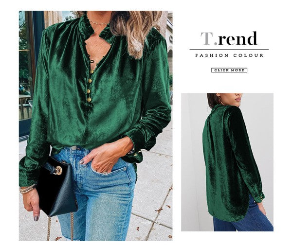 Frilled Neck Buttoned Front Velvet Top