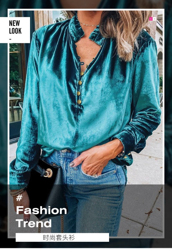 Frilled Neck Buttoned Front Velvet Top