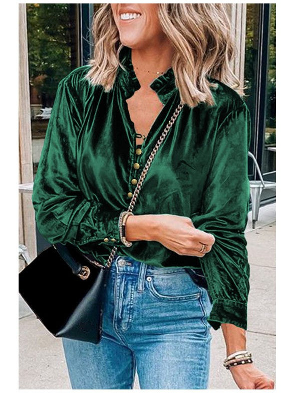 Frilled Neck Buttoned Front Velvet Top