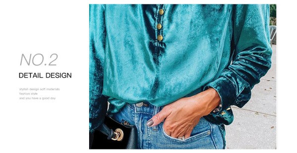 Frilled Neck Buttoned Front Velvet Top