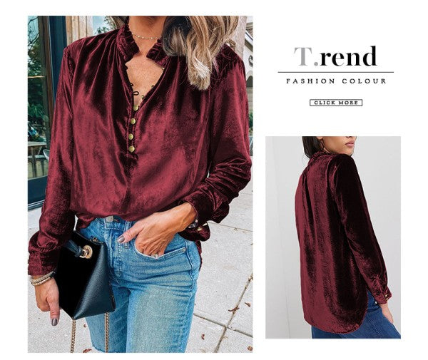 Frilled Neck Buttoned Front Velvet Top