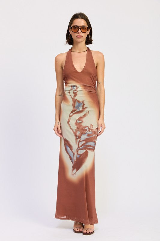 PRINTED MAXI HALTER DRESS WITH NECK TIE