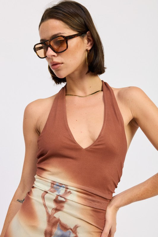 PRINTED MAXI HALTER DRESS WITH NECK TIE