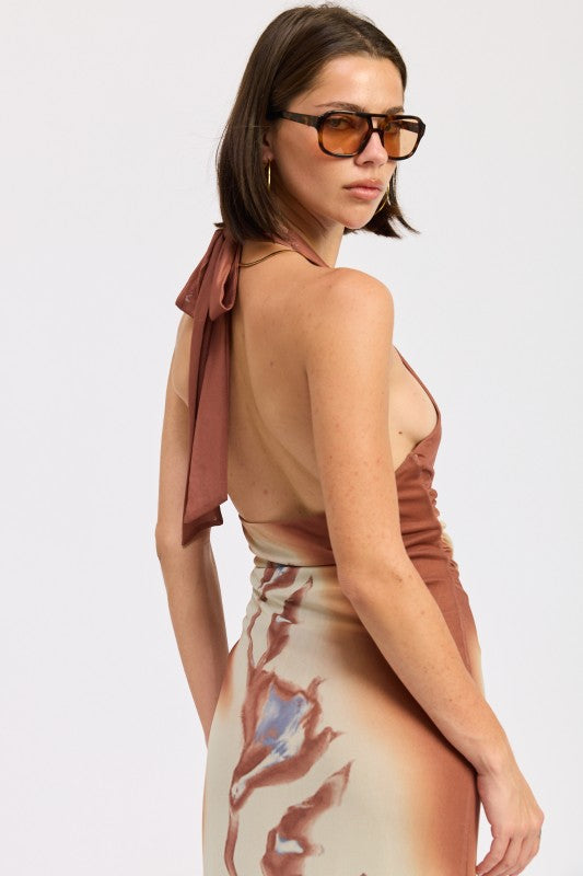 PRINTED MAXI HALTER DRESS WITH NECK TIE