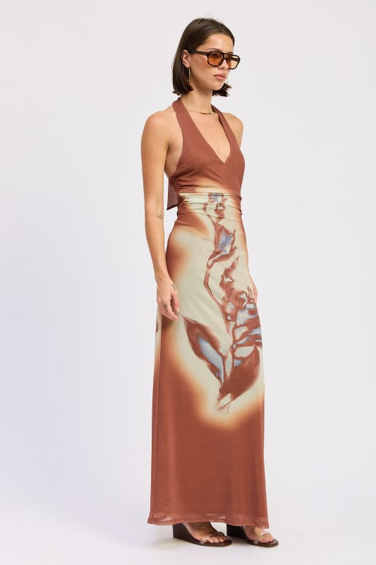 PRINTED MAXI HALTER DRESS WITH NECK TIE