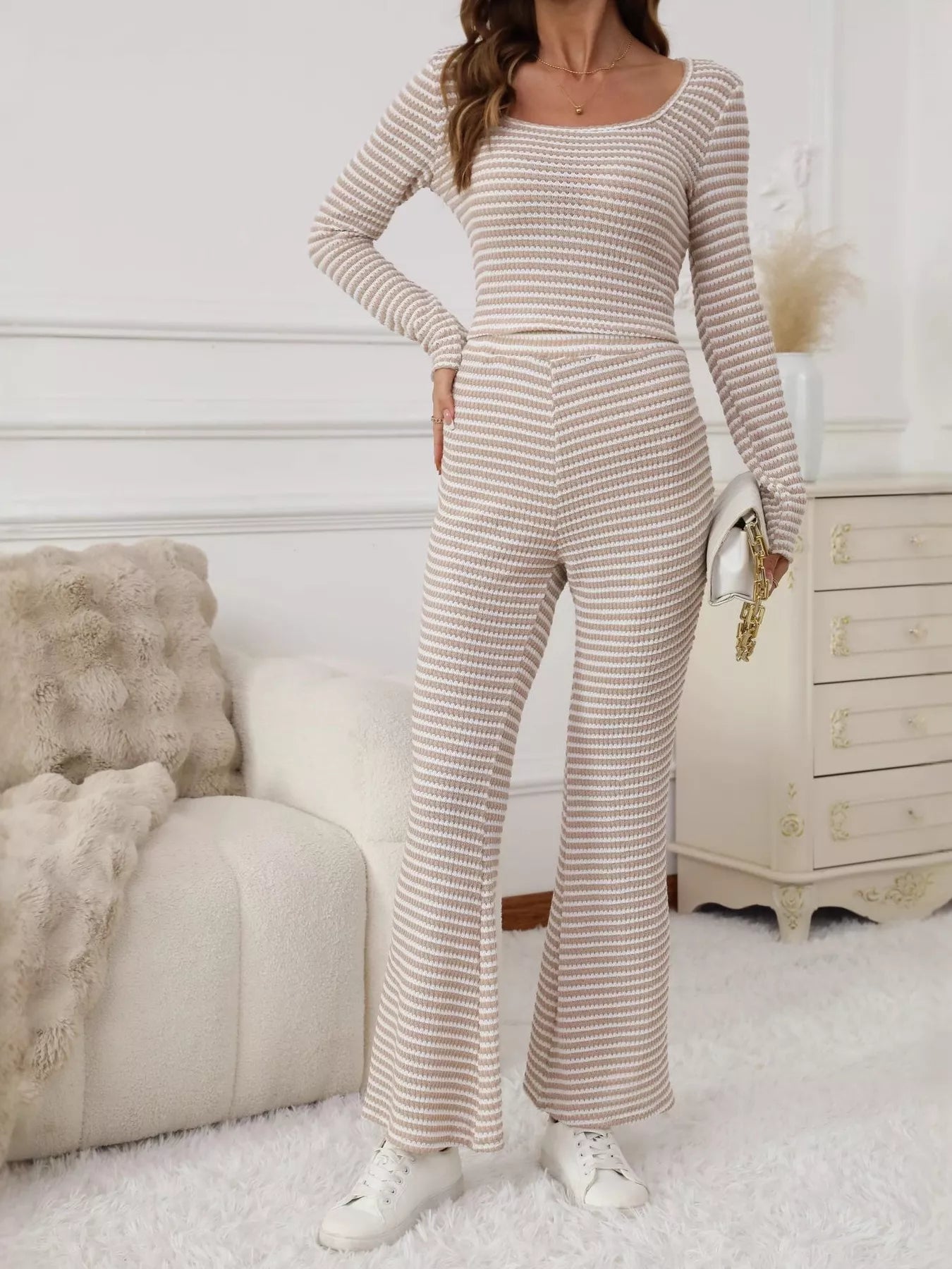 Striped Knit Long Sleeve Top & Flare Leg