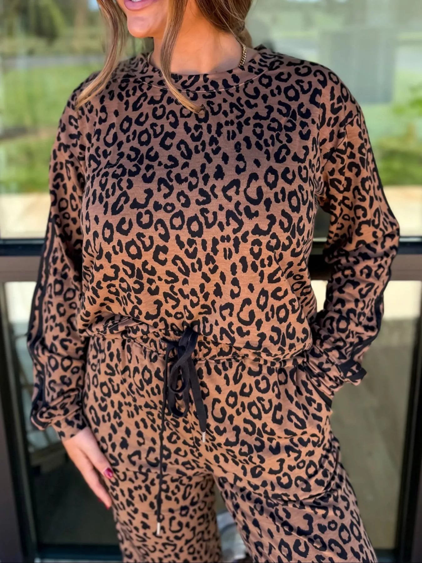 Striped Trim Leopard Long Sleeve Top Drawstring Pant