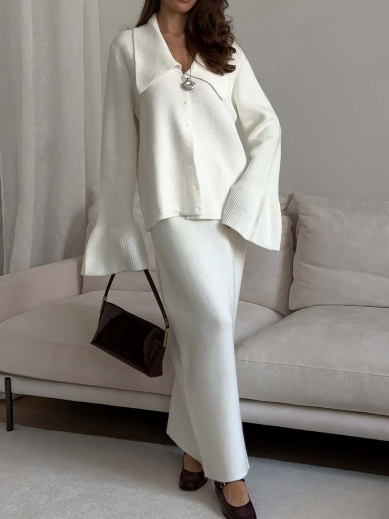 Button Down Long Sleeve Cardigan and Skirt Knit