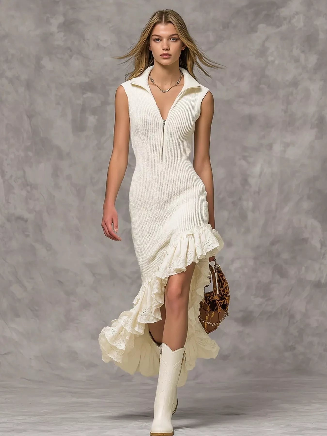 Asymmetrical Ruffle Hem Sleeveless Knit Dress