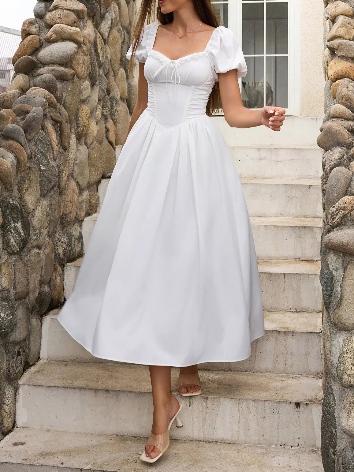 Sweetheart Neck Puff Sleeve Midi Dress