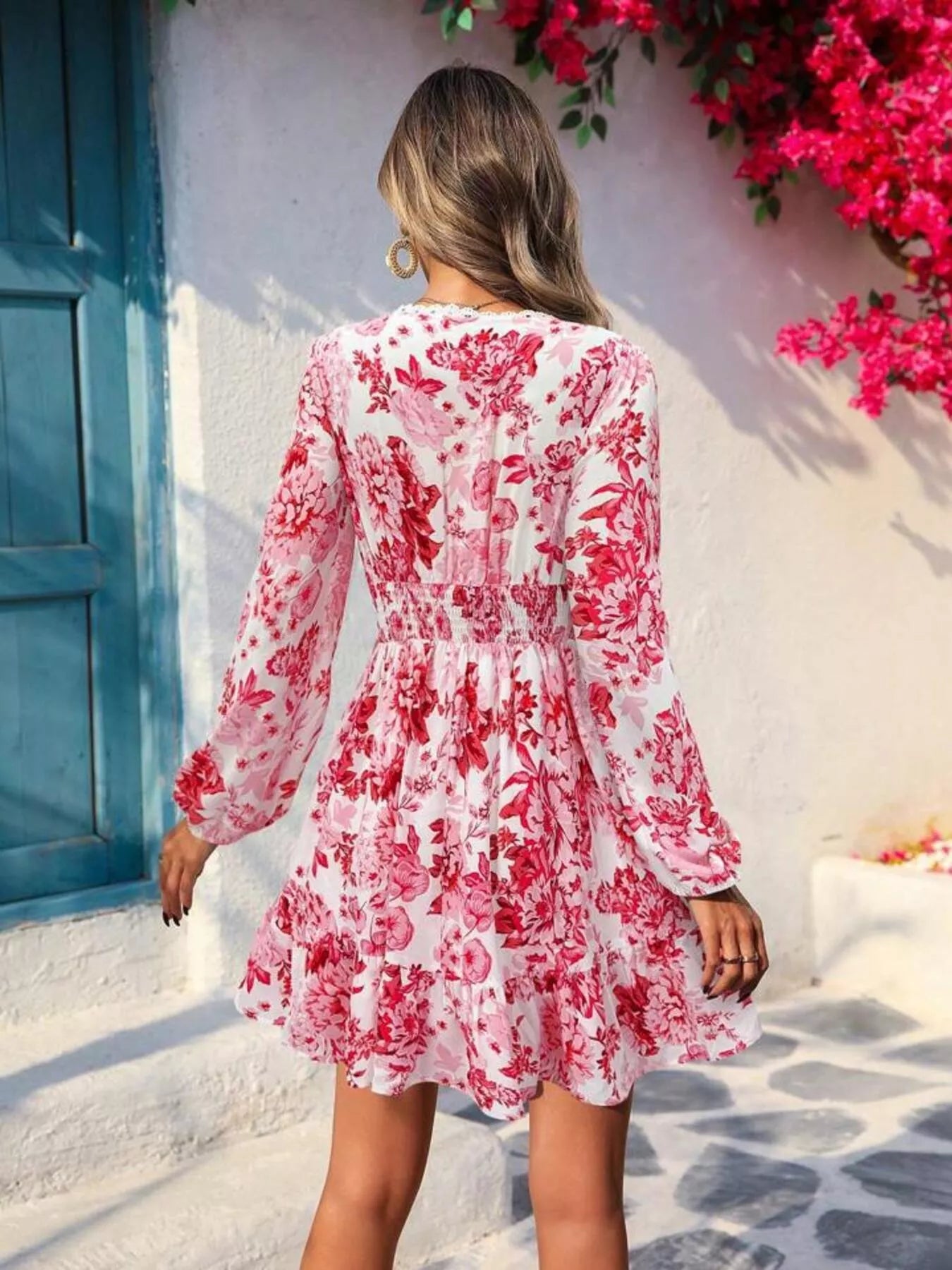 Full Size Floral Print V-Neck Long Sleeve Ruffle