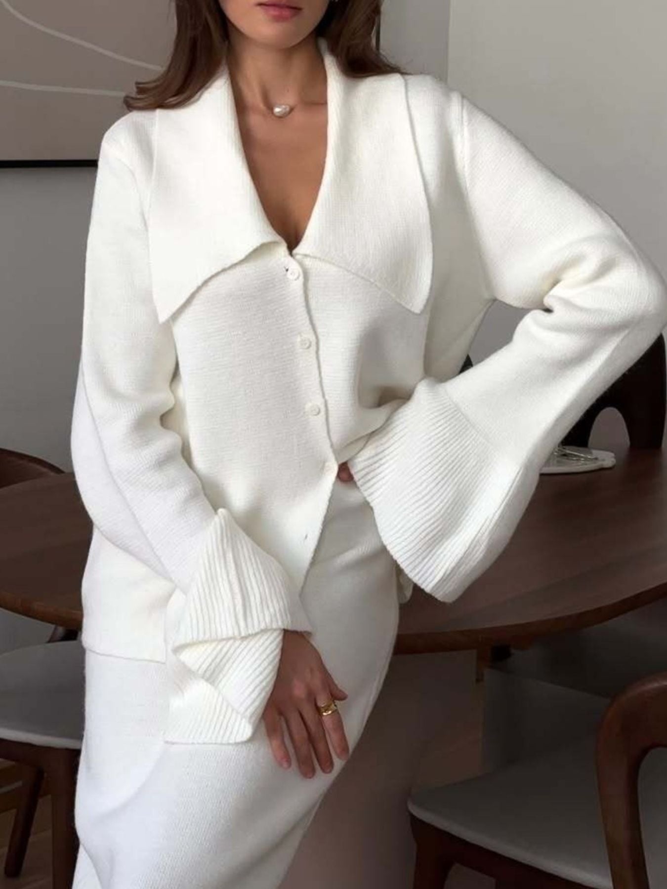 Button Down Long Sleeve Cardigan and Skirt Knit