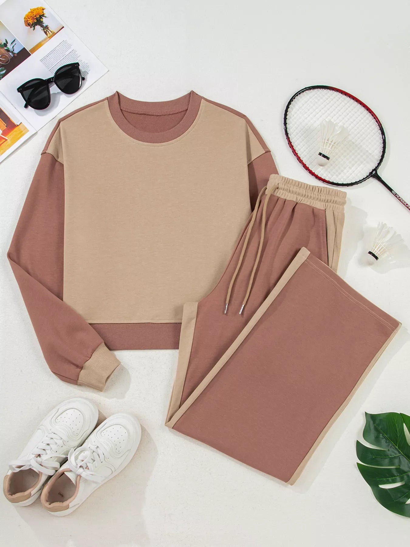 Color Block Long Sleeve Crop Top Drawstring Pant