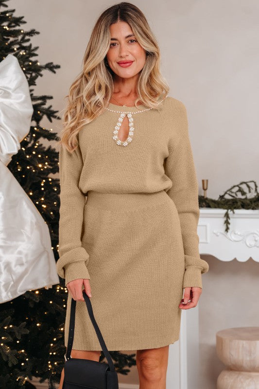 Zariah Embellished Keyhole Ribbed Sweater Dress