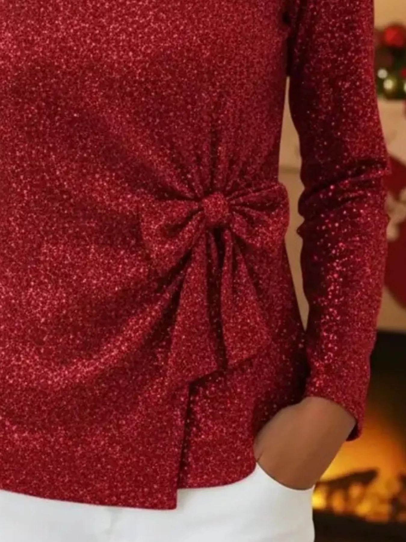 Full Size Sequin Bow-Knot Long Sleeve Top Plus