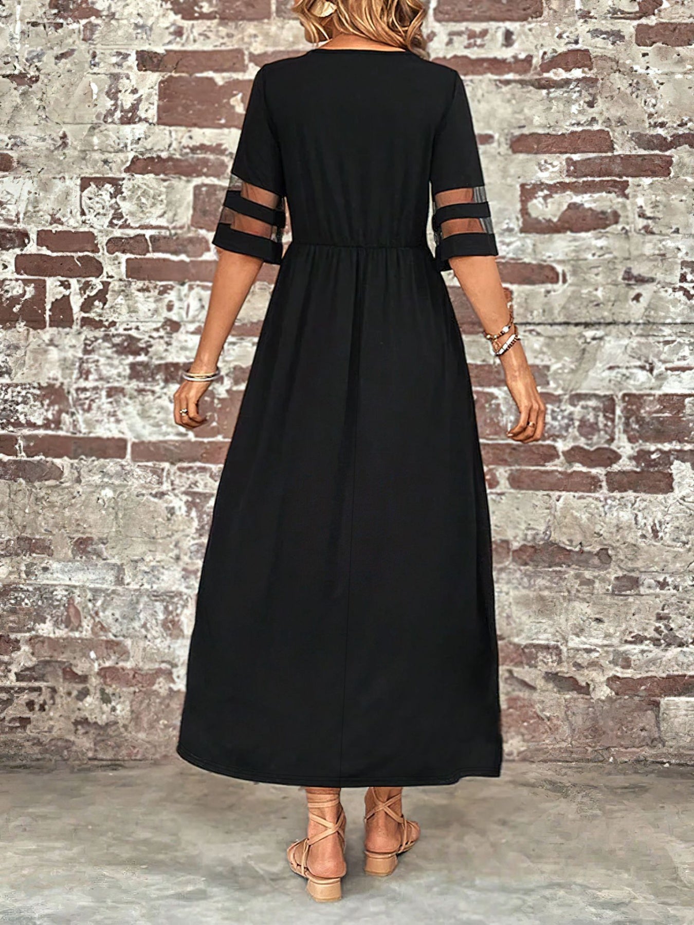 Plus Size Mesh Sleeve Round Neck Dress with