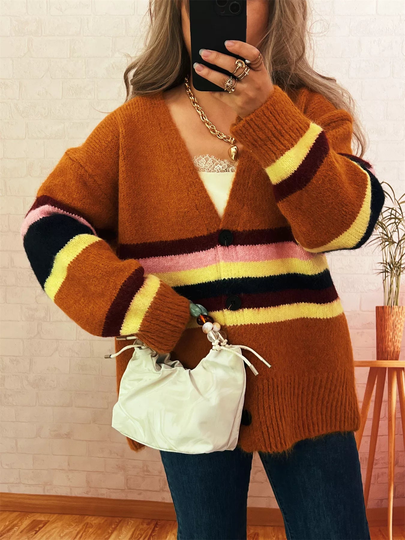 Ribbed Striped Button Down Cardigan