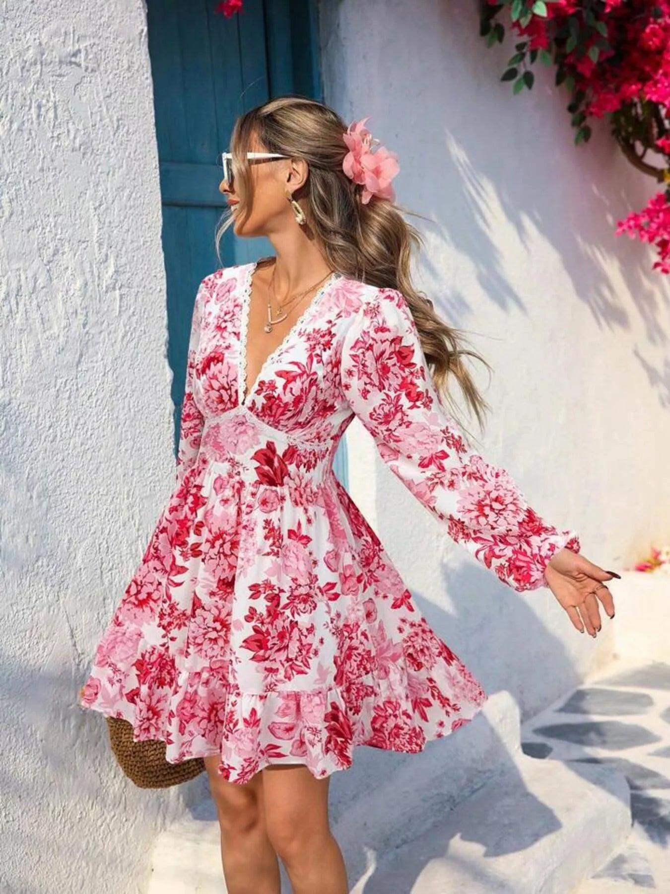Full Size Floral Print V-Neck Long Sleeve Ruffle
