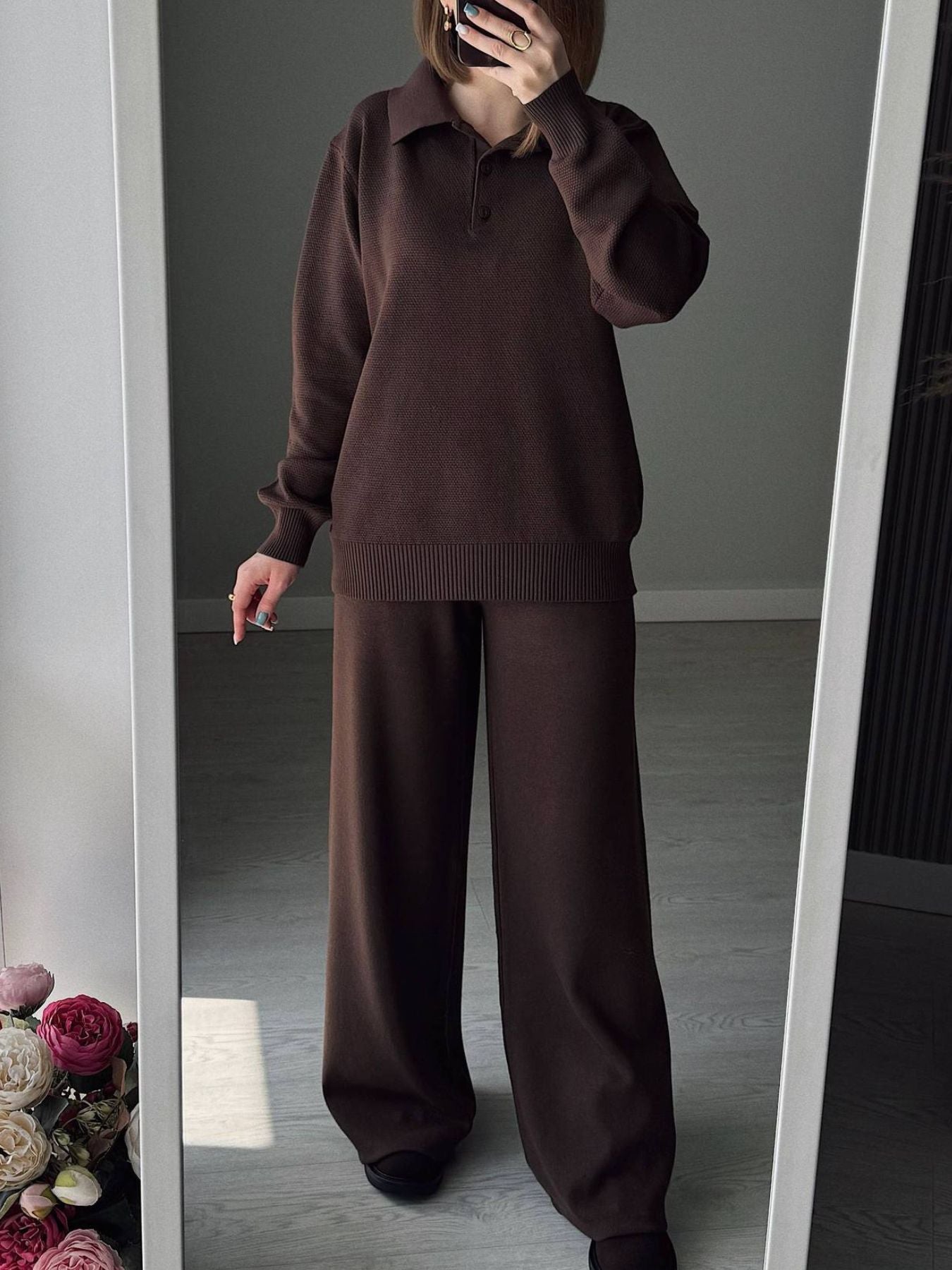 Polo Collar Top and Pants or Skirt Knit