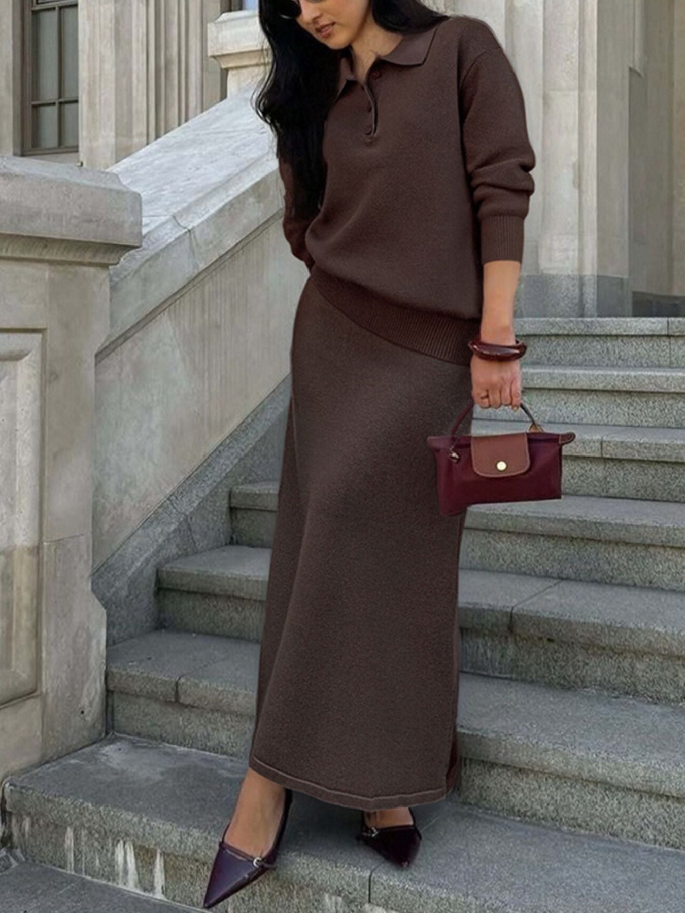 Polo Collar Top and Pants or Skirt Knit