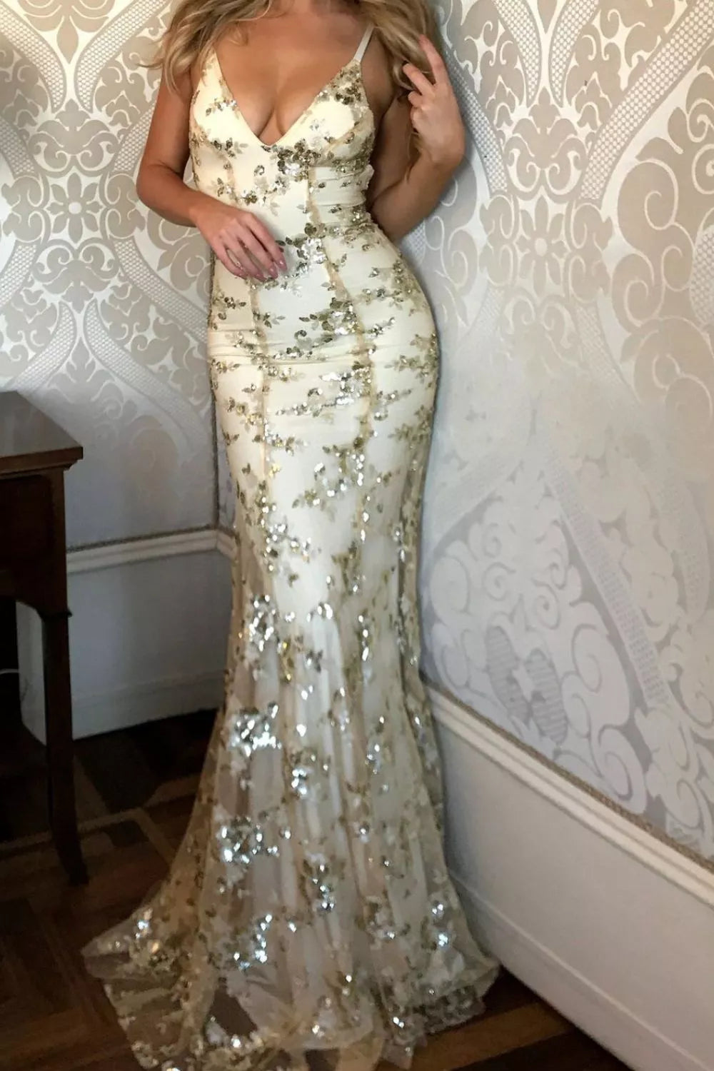 Full Size Sequin Tie Back V-Neck Maxi Dress