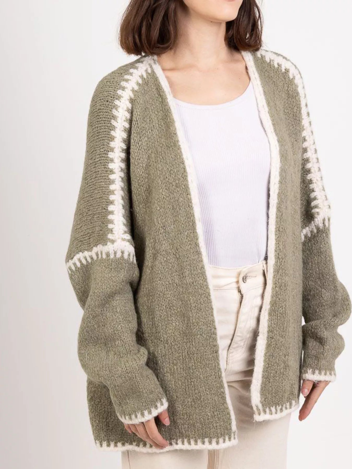 Contrast Trim Open Front Cardigan