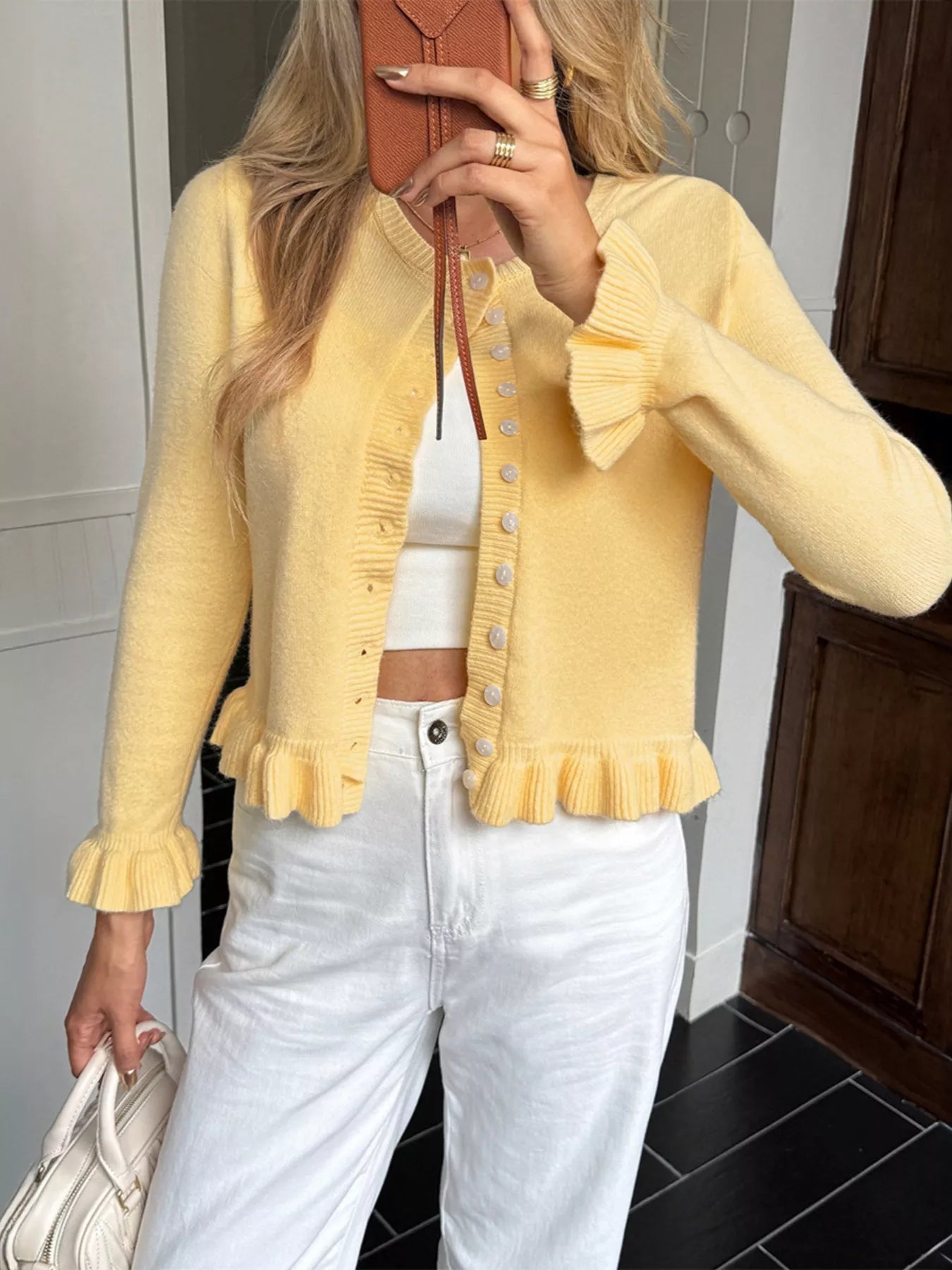 Ruffled Trim Button-Up Knit Cardigan