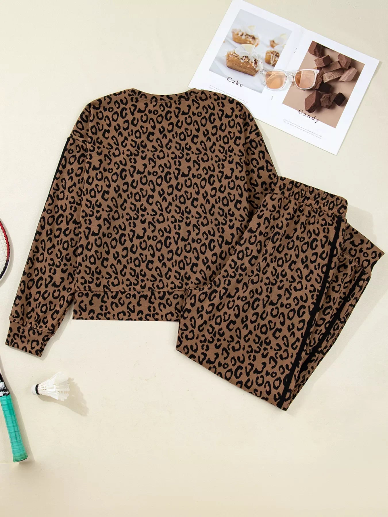 Striped Trim Leopard Long Sleeve Top Drawstring Pant