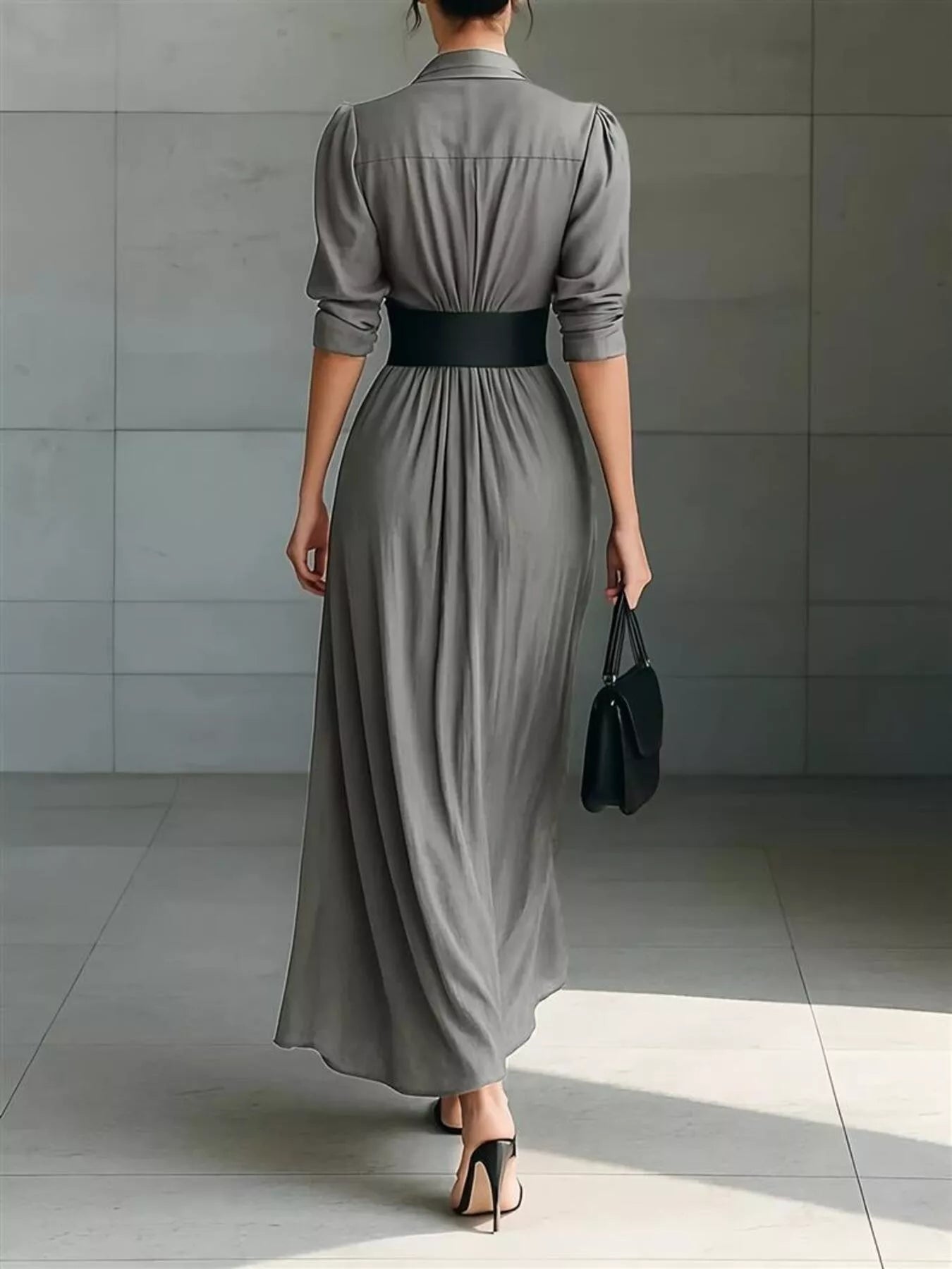Full Size Button Front Ruched Shirt Maxi Dress