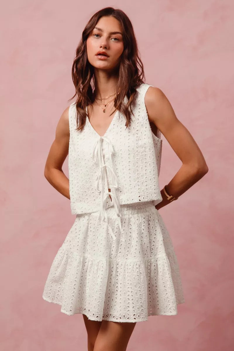 SO ME Floral Eyelet Lace Tie Front Vest