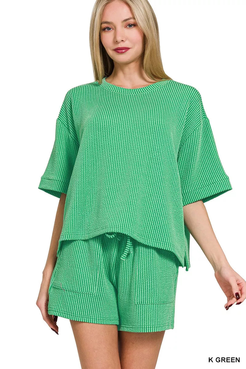 Zenana Raised Rib Short Sleeve Tee and Drawstring