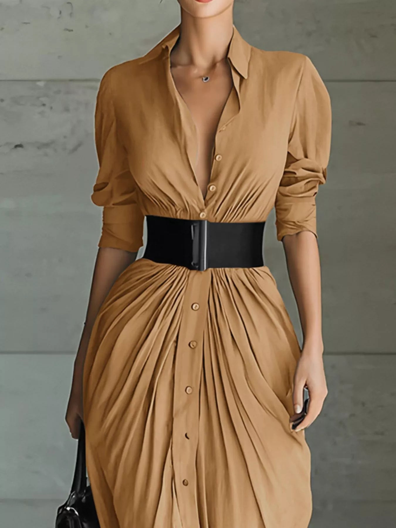 Full Size Button Front Ruched Shirt Maxi Dress