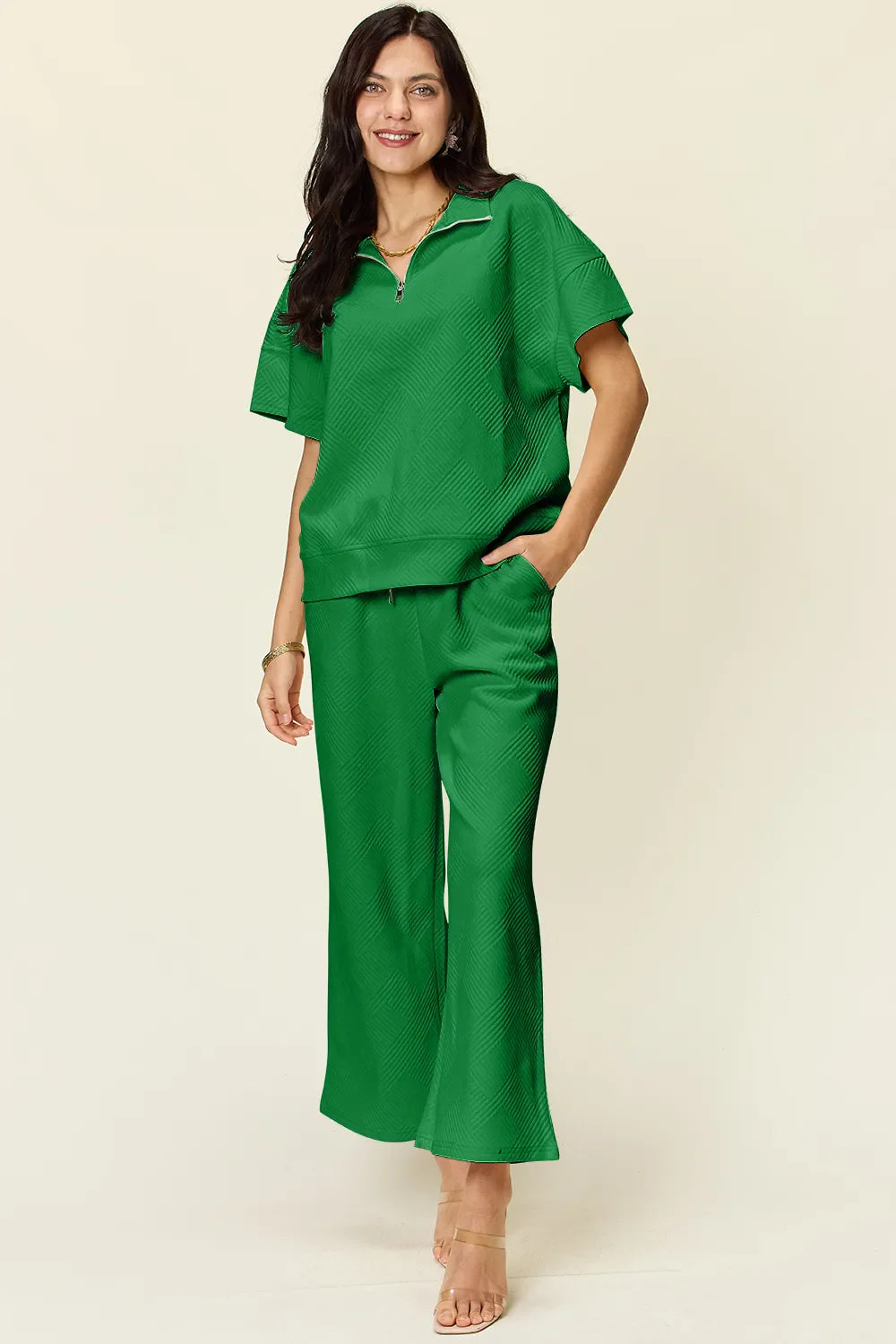 Double Take Full Size Texture Half Zip Short