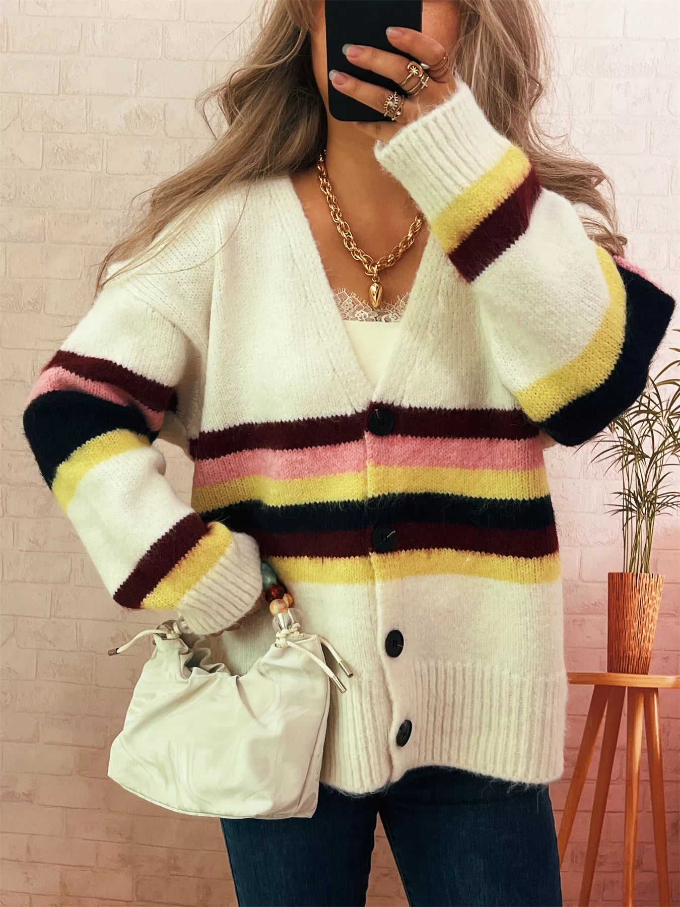 Ribbed Striped Button Down Cardigan