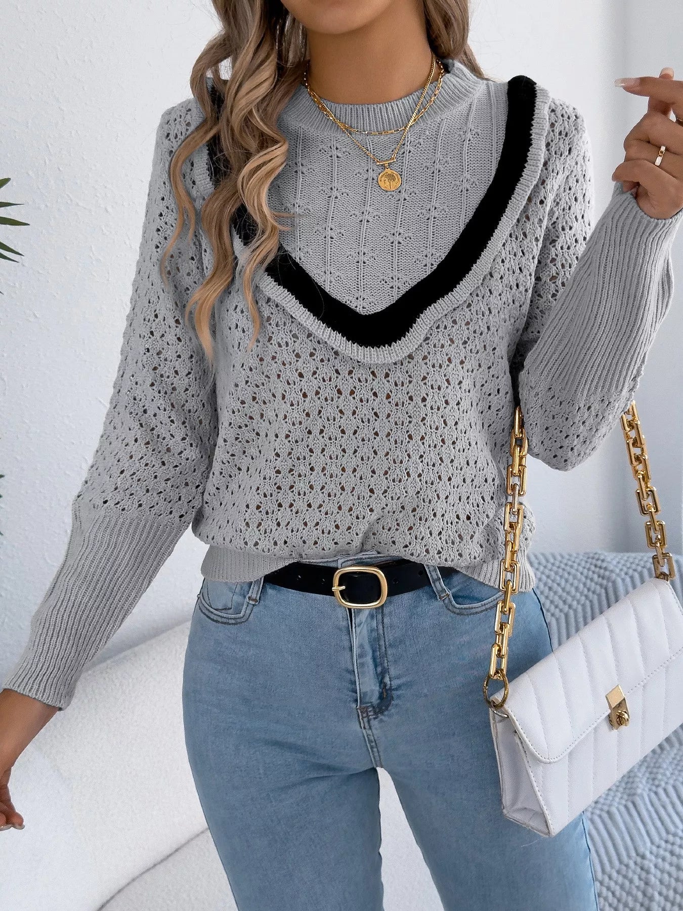 Hollow-Out Knit Top with Contrast Trim