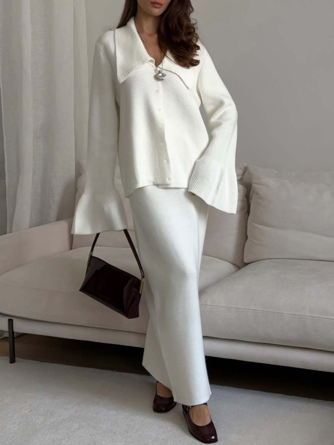 Button Down Long Sleeve Cardigan and Skirt Knit