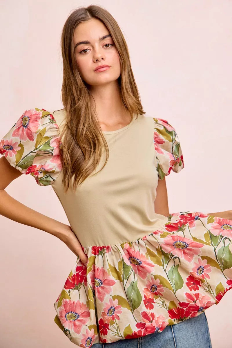 BiBi Floral Printed Bubble Sleeves and Hem Peplum