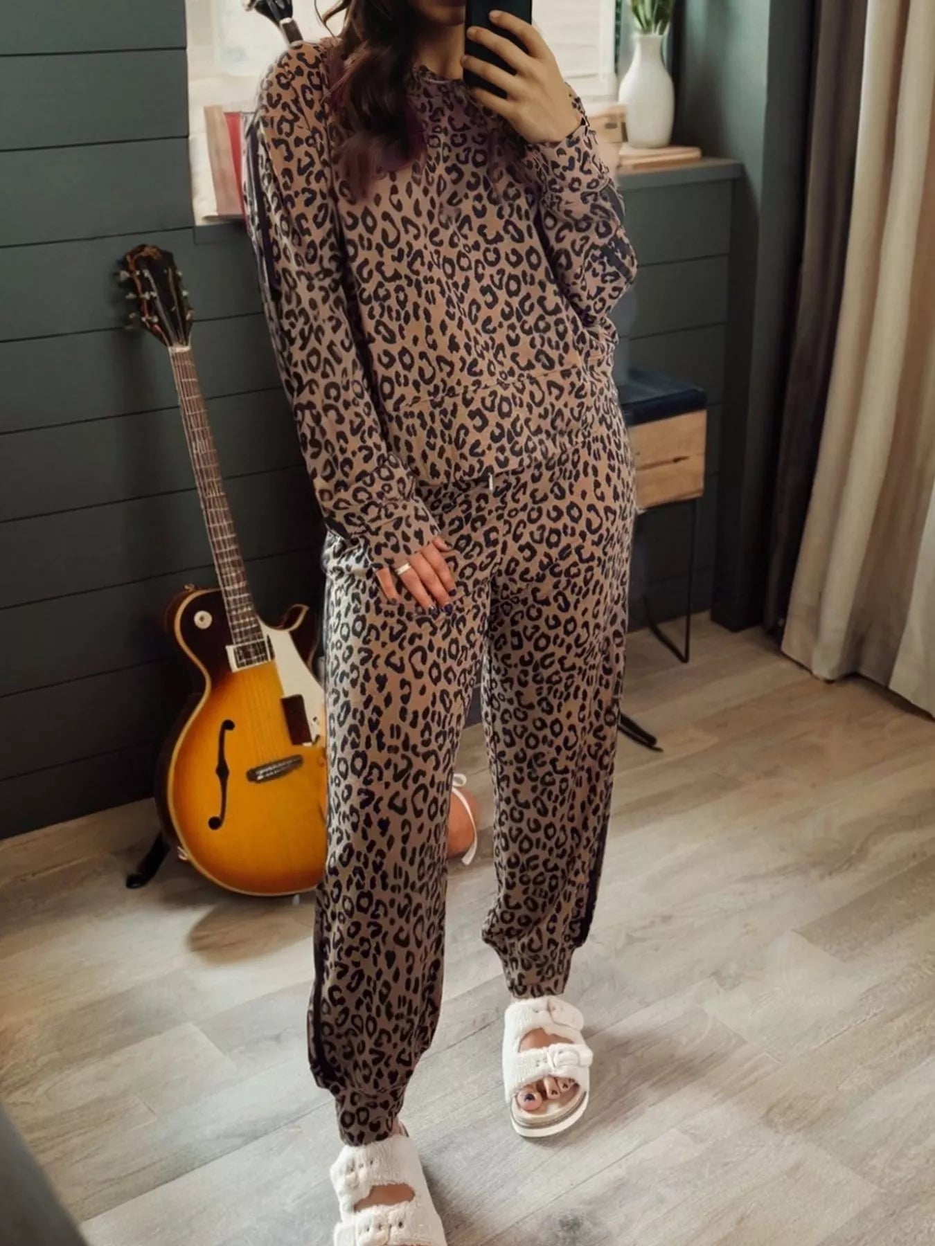 Striped Trim Leopard Long Sleeve Top Drawstring Pant
