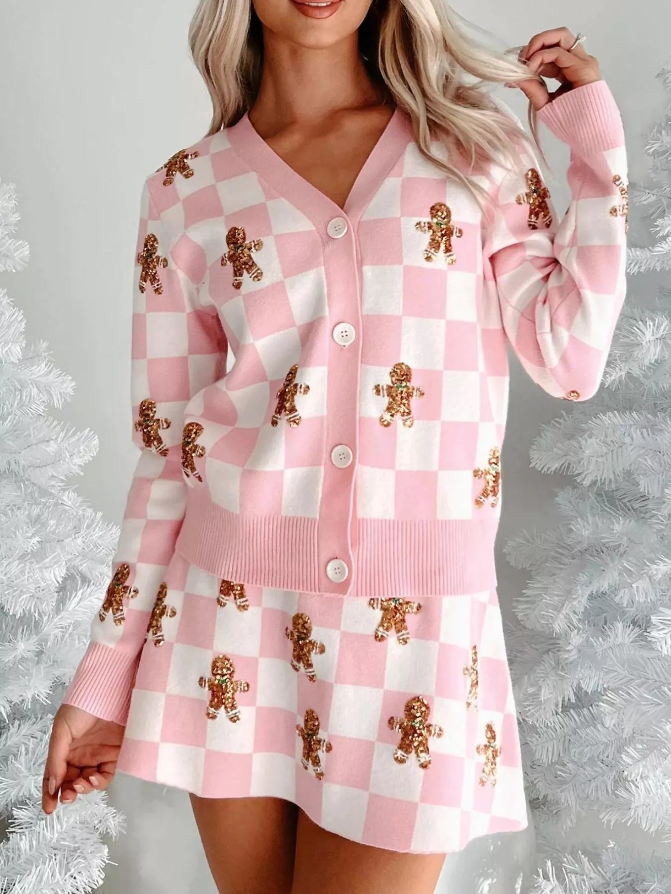 Gingerbread Checkered Cardigan and Skirt Sweater Set